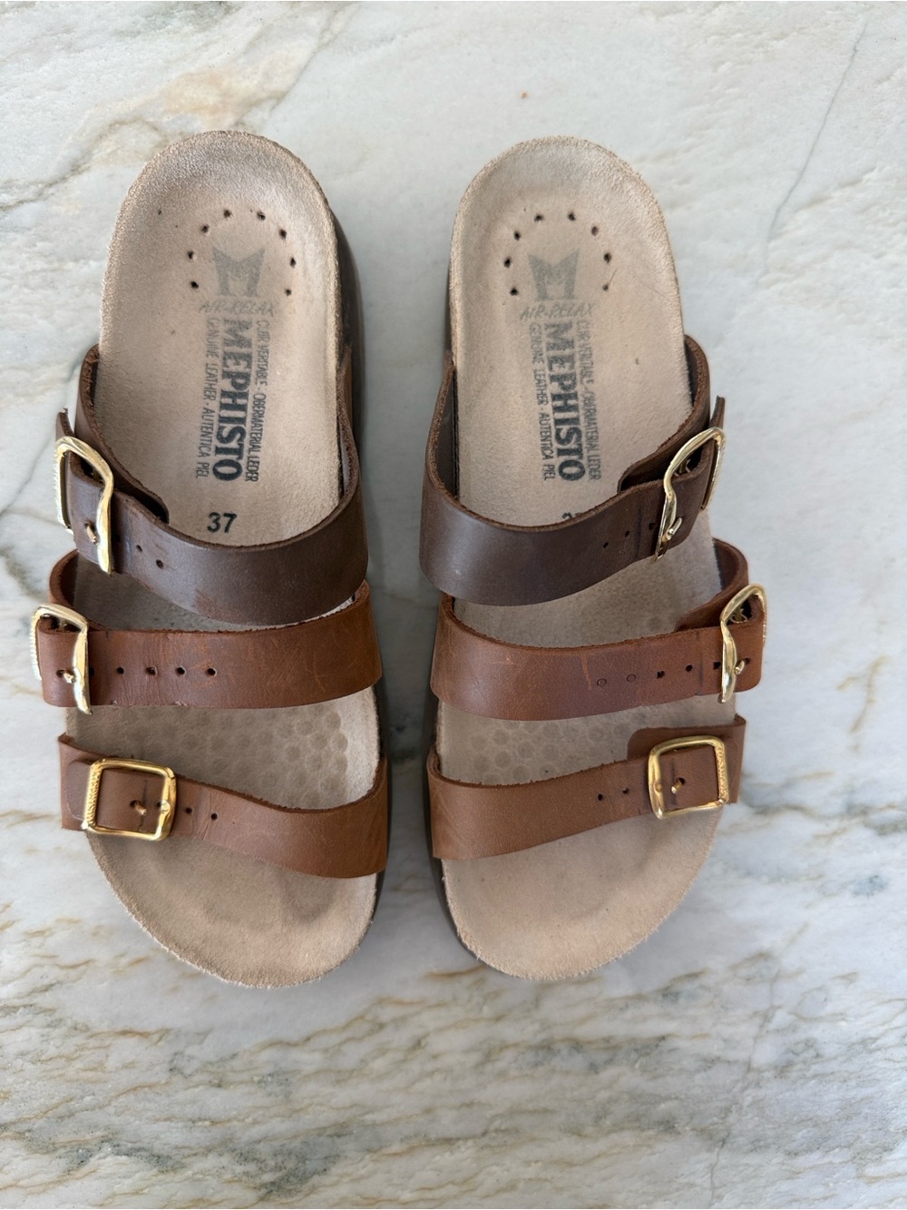 Mephisto Women’s Brown Triple-Strap Sandals with Gold Buckles - Picture 11 of 13